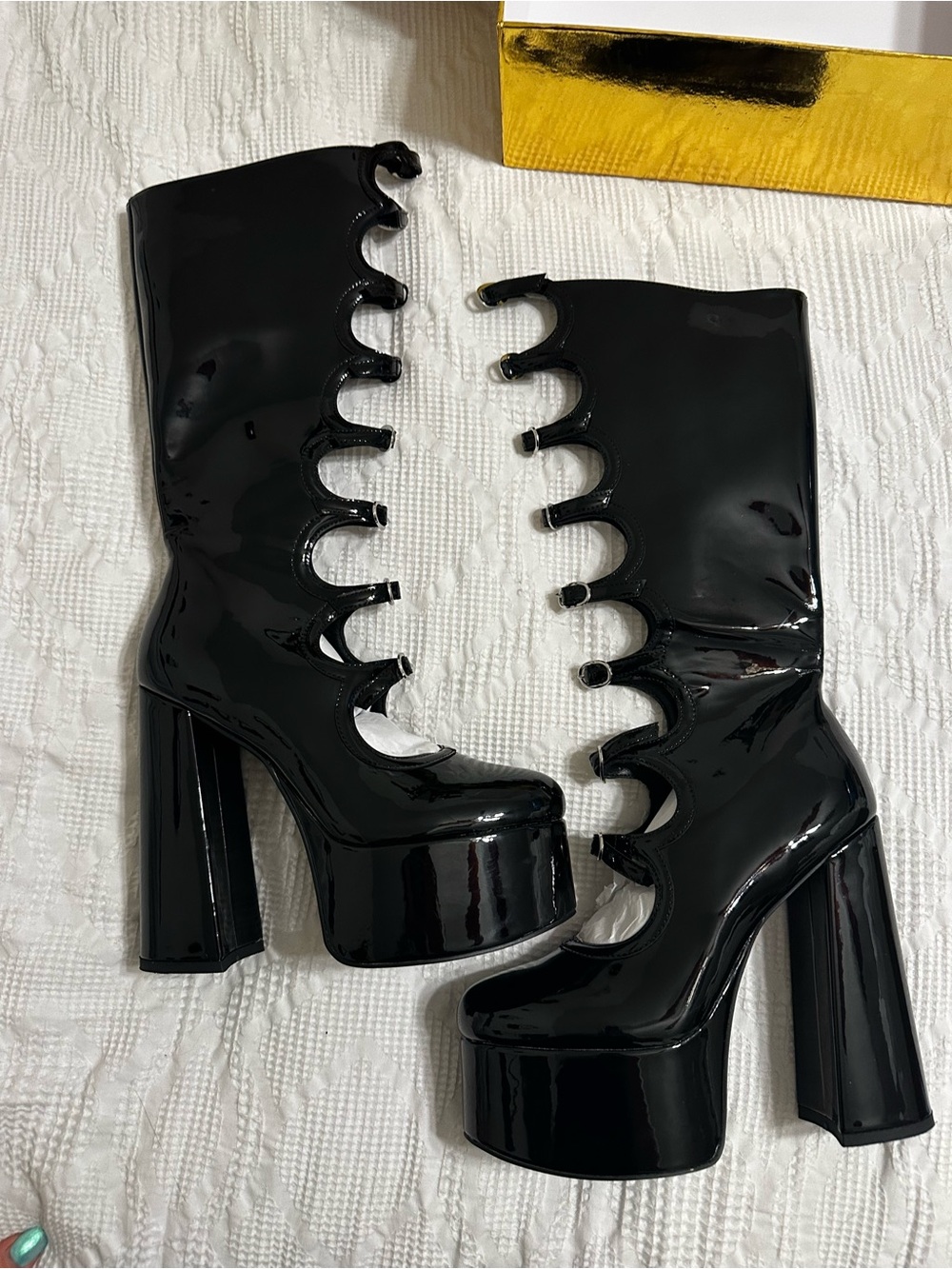 Frankie Hsu Black Patent Platform Lace-Up Women's Boots Size 9 NWT